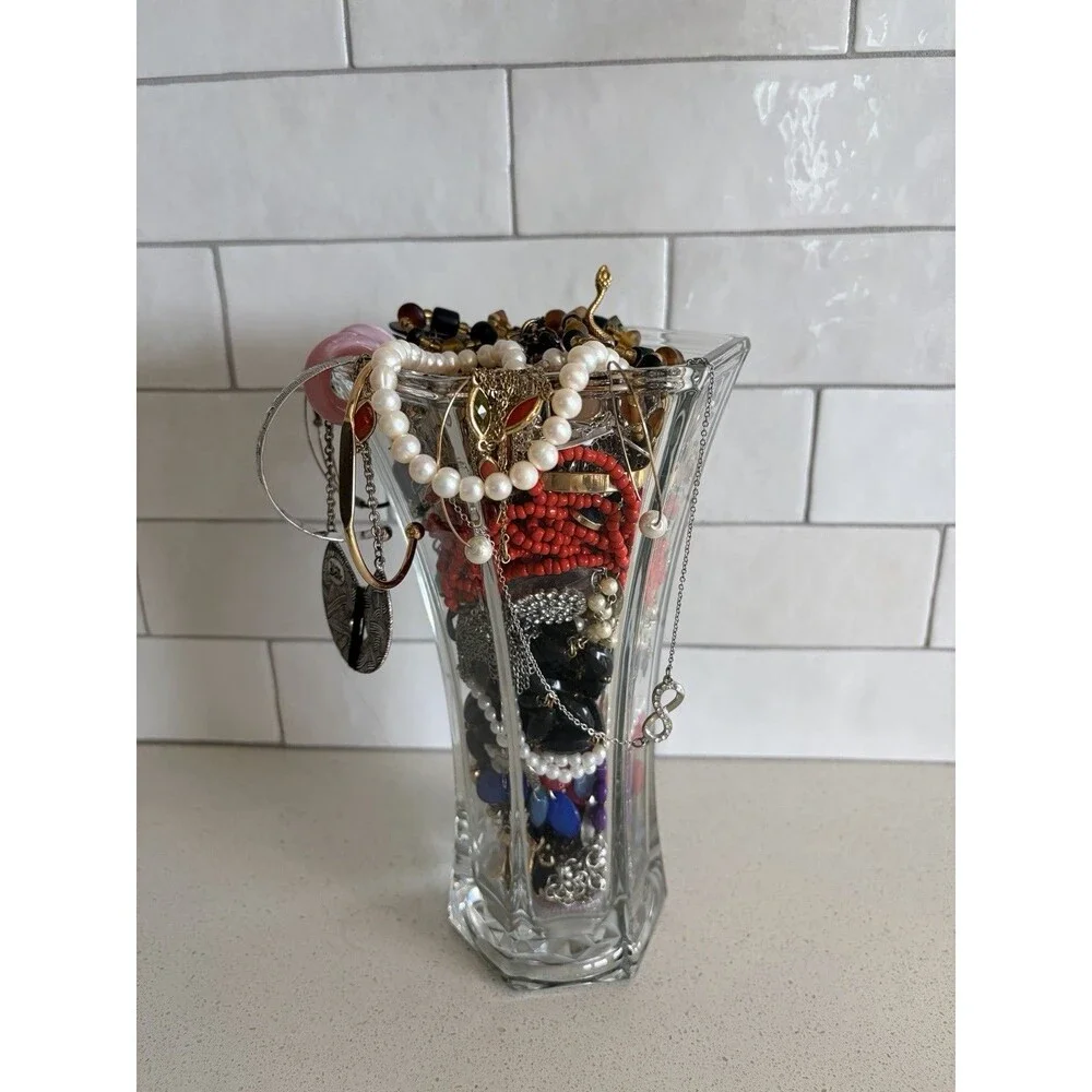 Vtg Mystery Jewelry Jar Mixed Metal Gold & Silver Tone Necklace Bracelet Ring